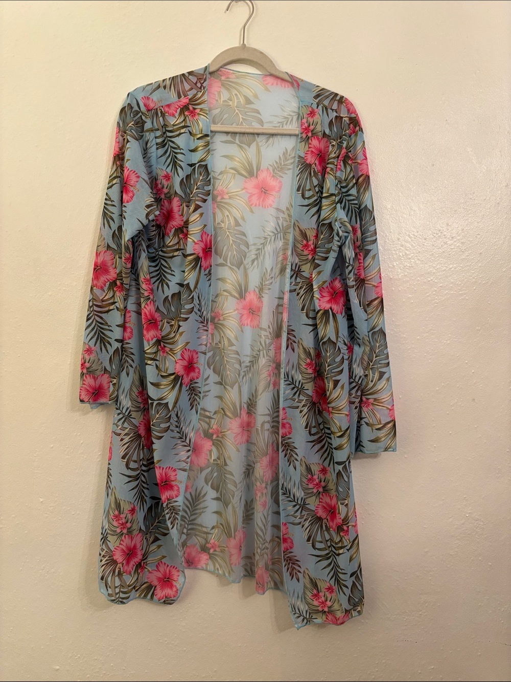 Light Blue Floral Sheer Kimono Robe with Pink Hibiscus